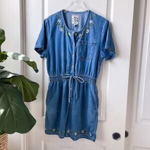 Vintage Studio Wear Romper Chambray Denim Floral Daisy Embroidered Size Medium